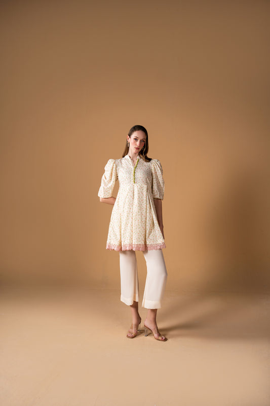 Knee Length Pleated Frock With Puff Sleeves And Bell Bottom Trouser 2pc