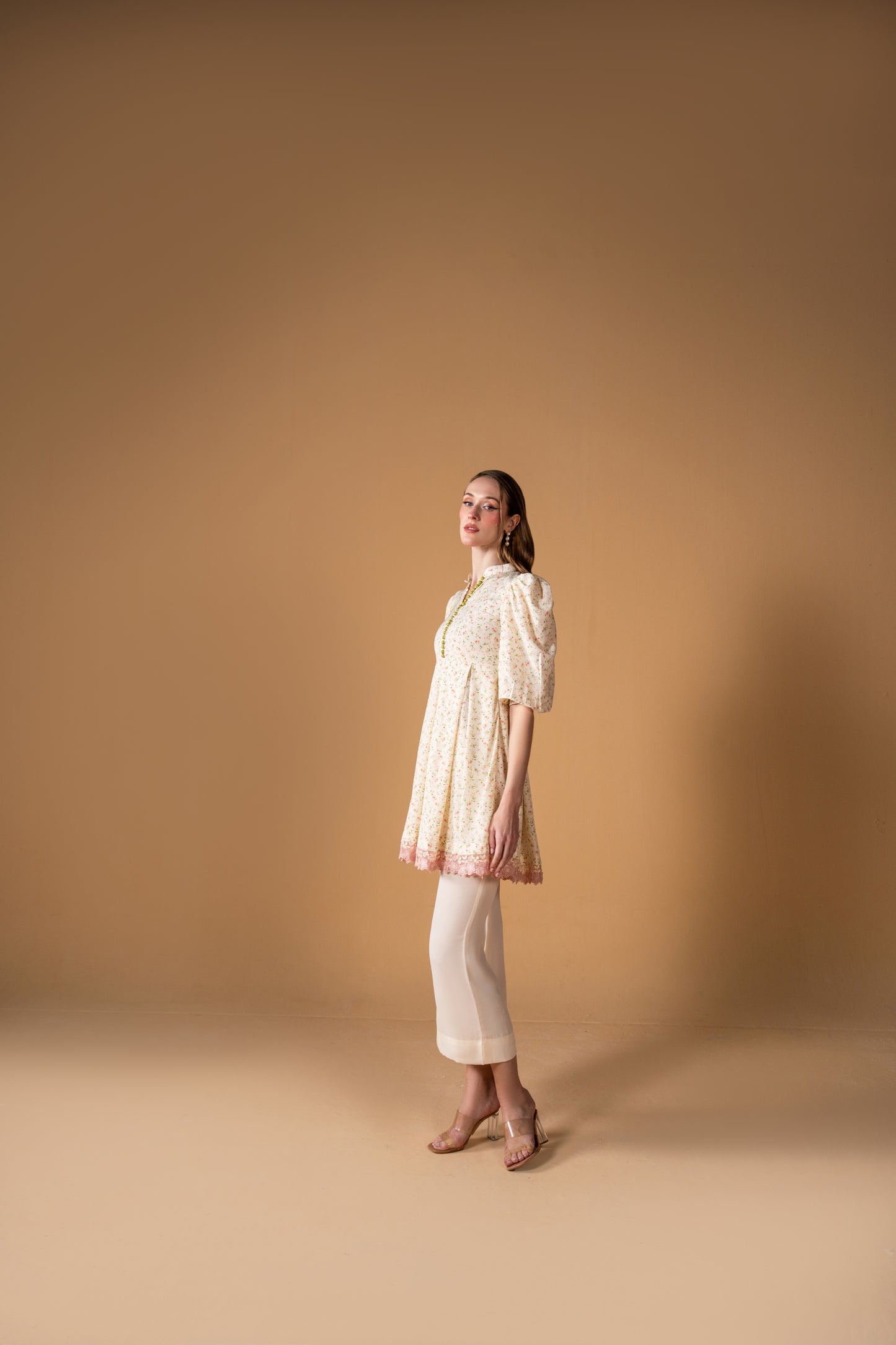 Knee Length Pleated Frock With Puff Sleeves And Bell Bottom Trouser 2pc