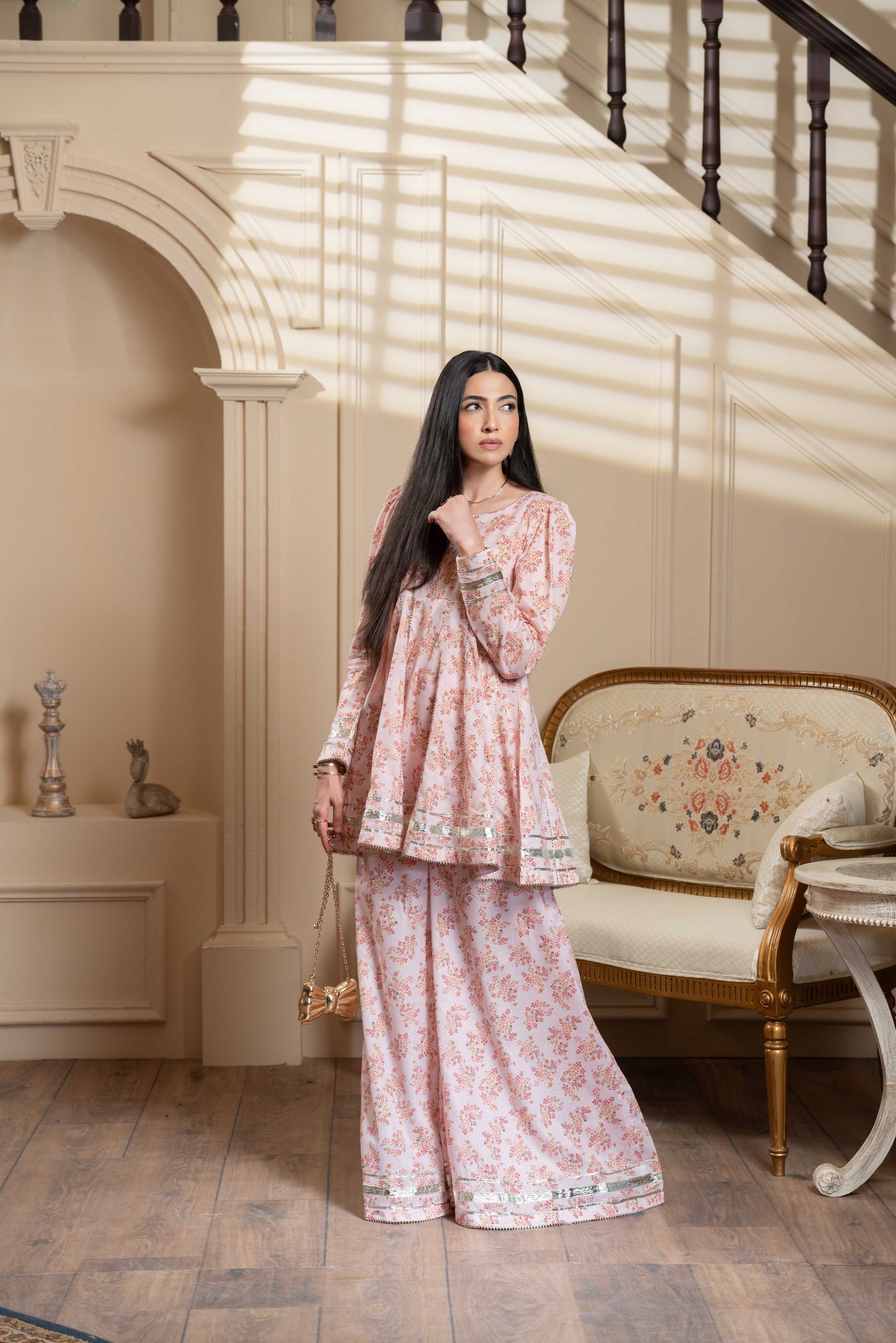 Stitched printed short frock+Shrara