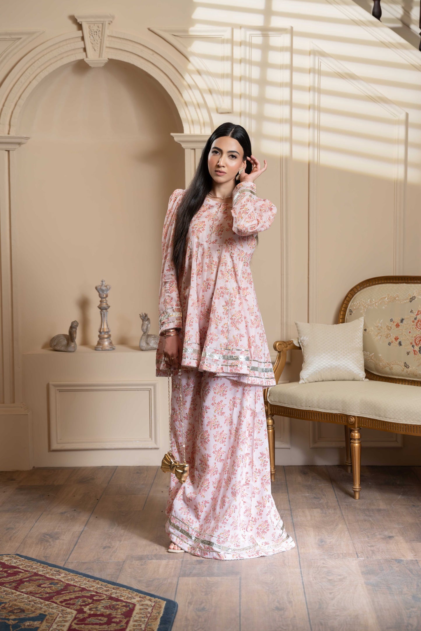 Stitched printed short frock+Shrara