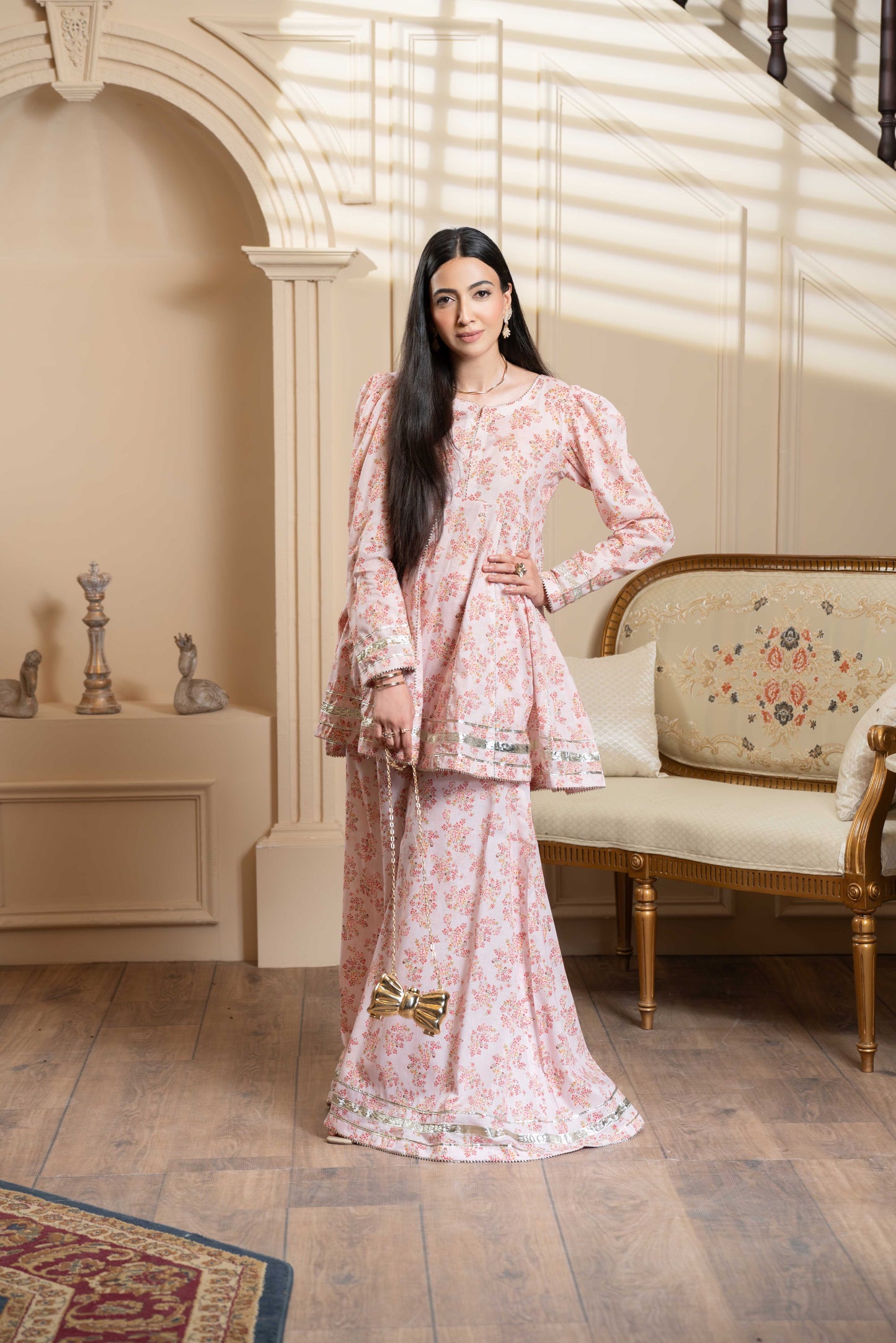 Stitched printed short frock+Shrara