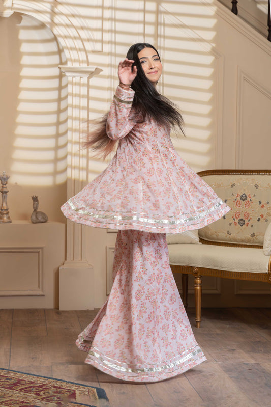 Stitched printed short frock+Shrara