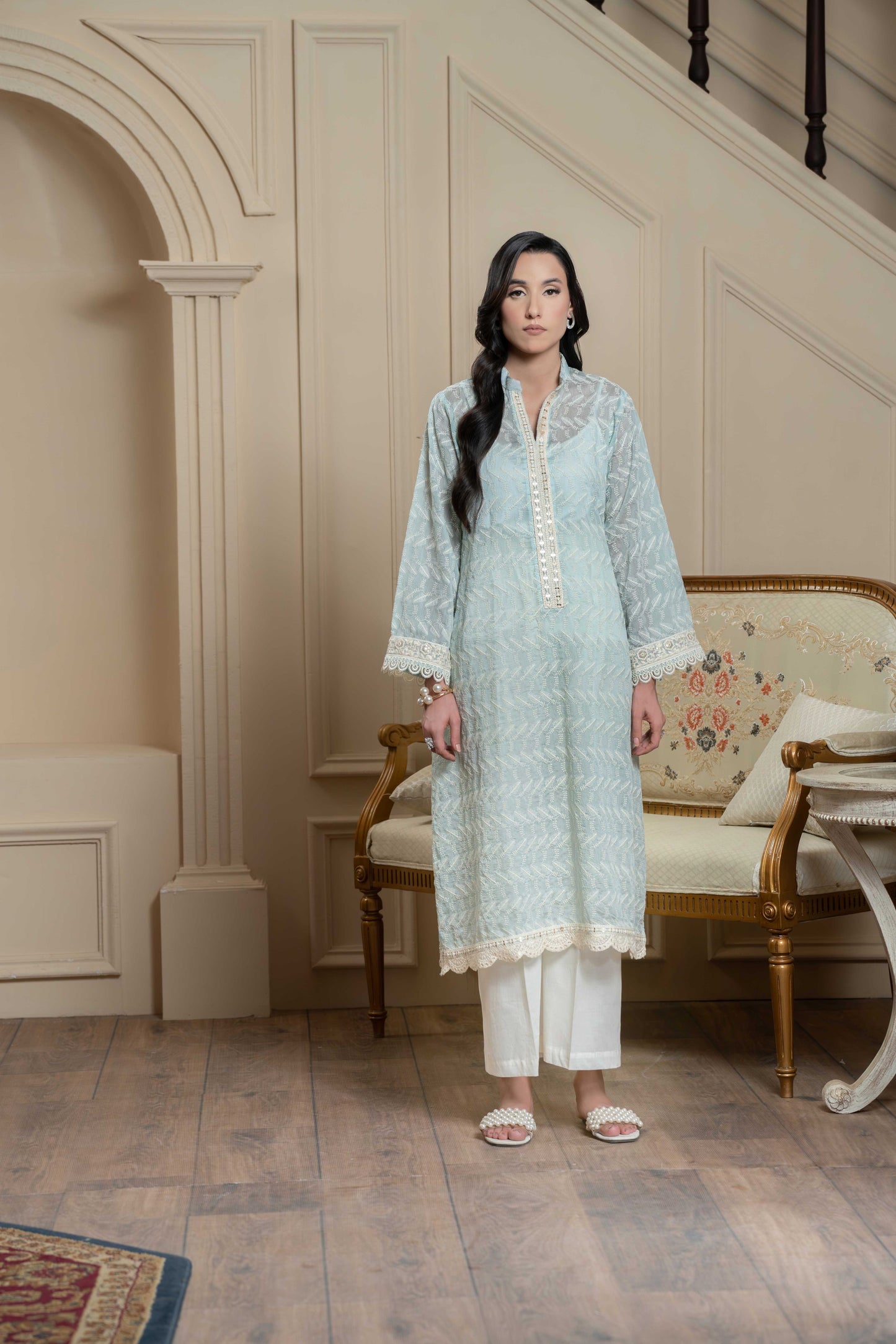 Stitched embroidered A-line shirt+basic trouser