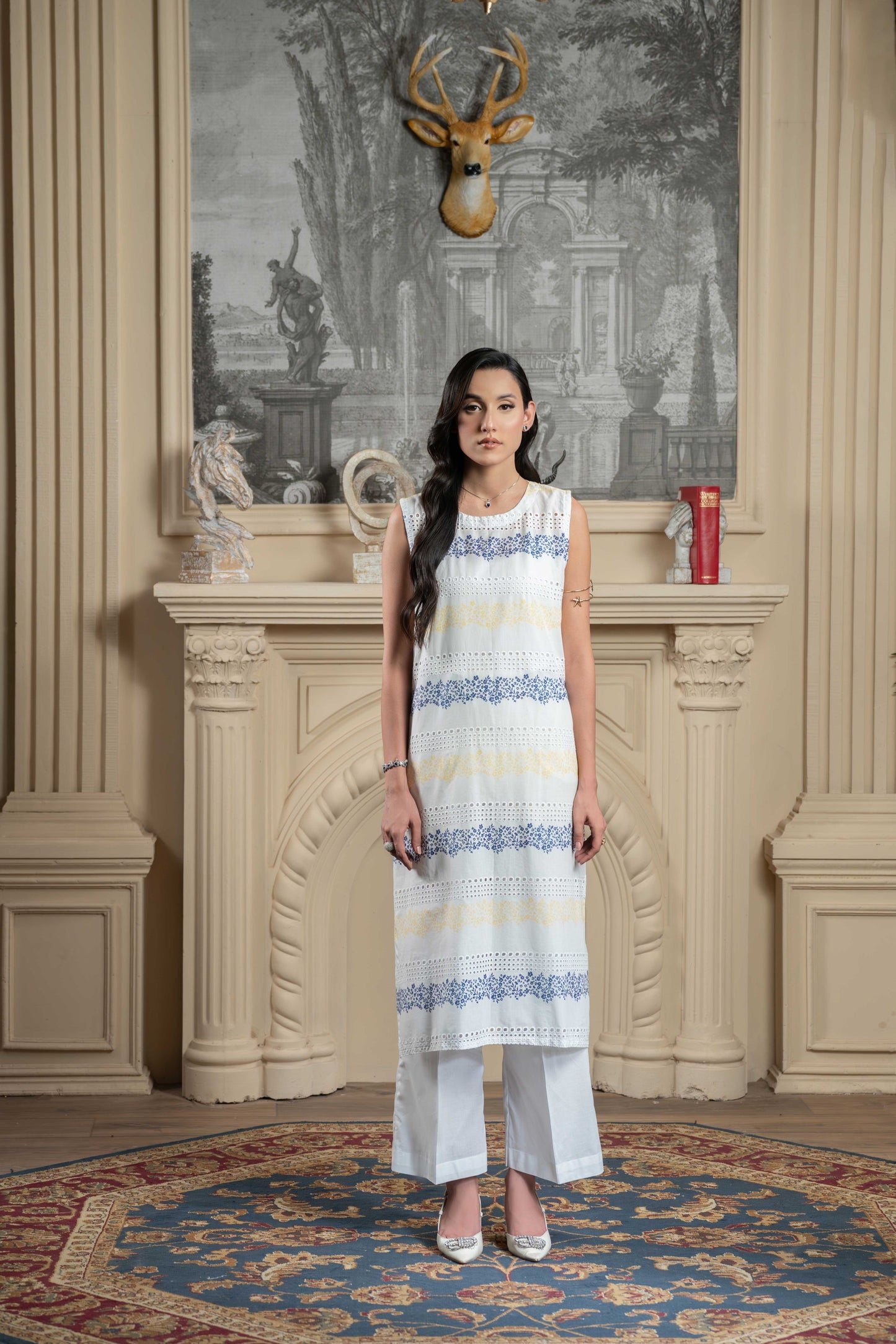Stitched embroidered sleeveless kurta+basic trouser