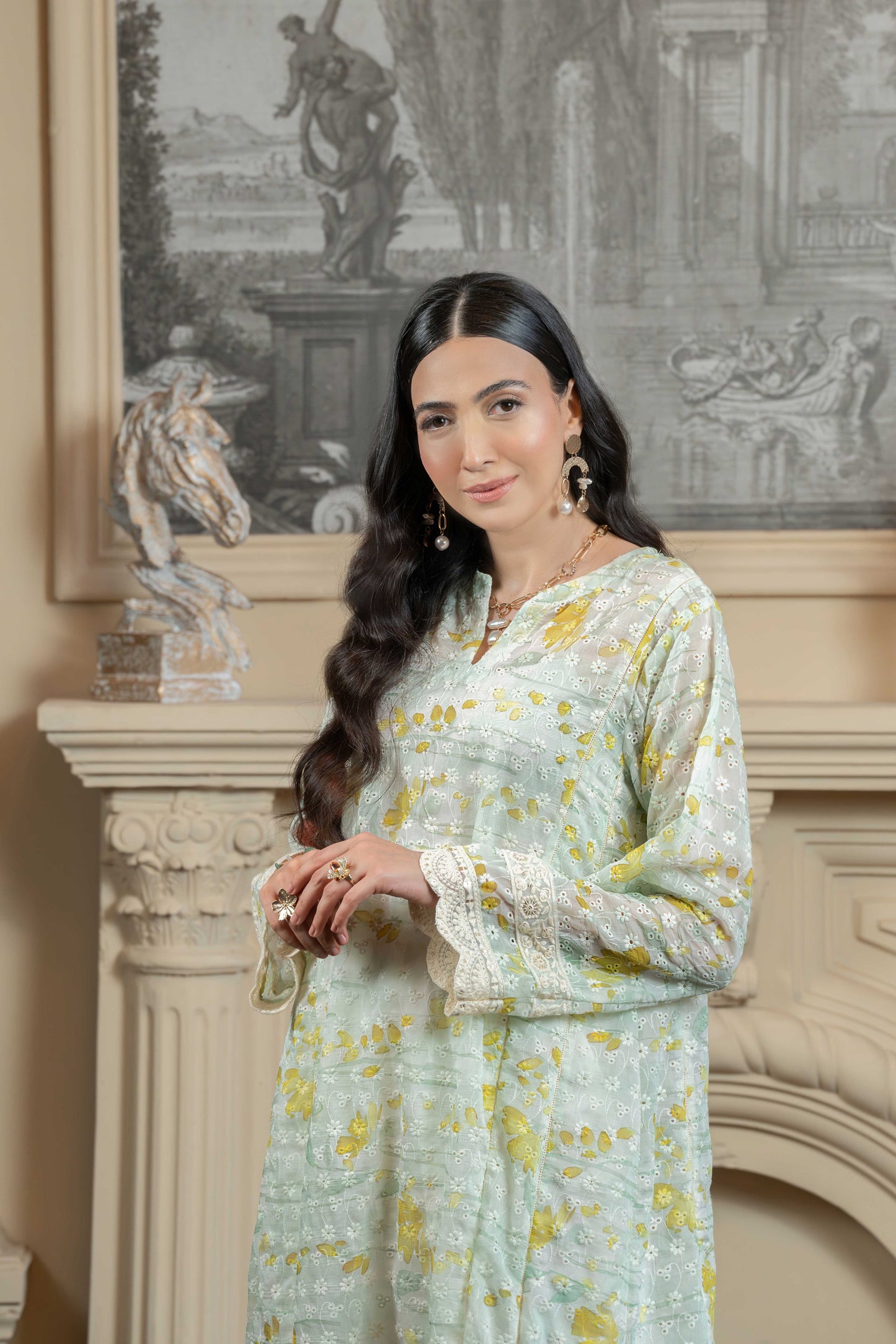 Stitched embroidered A-line frock+basic trouser