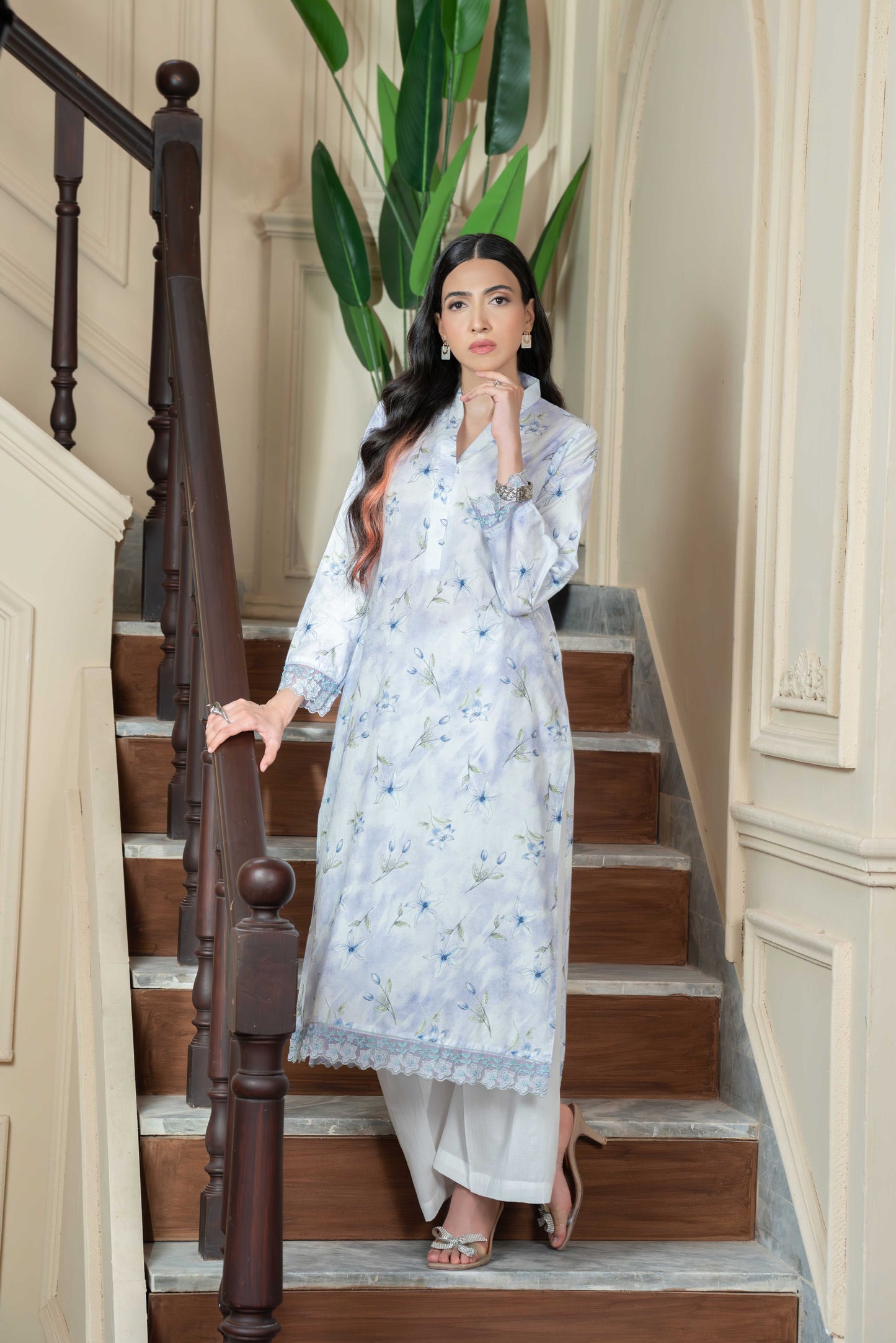 Stitched printed and embroidered shirt+basic trouser