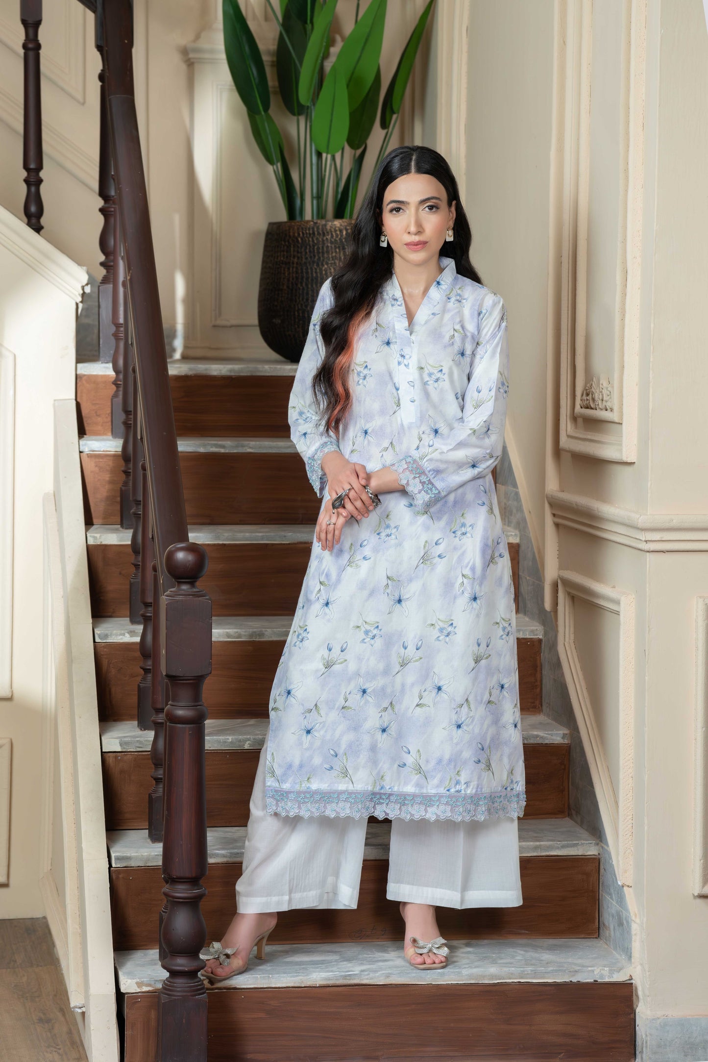 Stitched printed and embroidered shirt+basic trouser