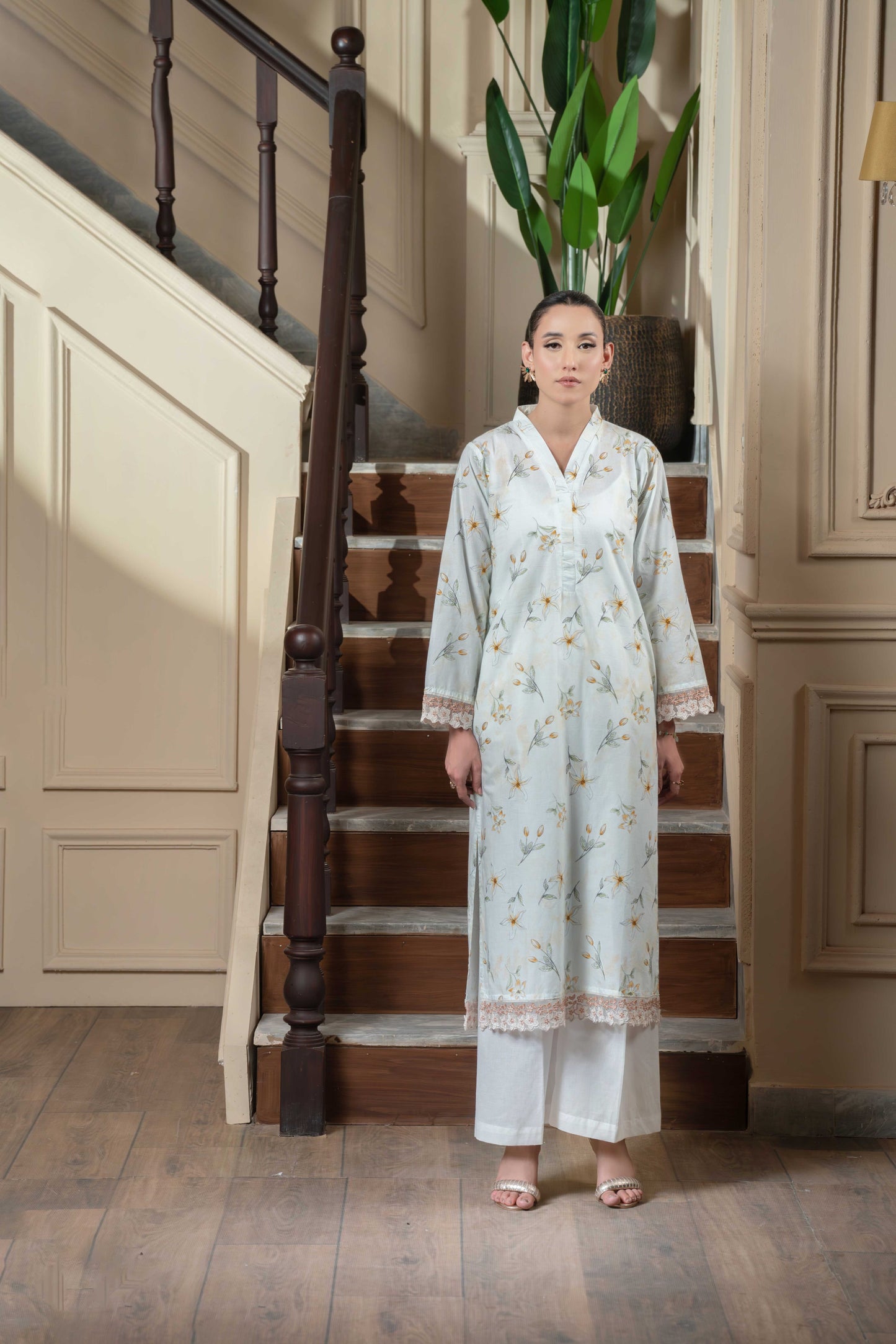 Stitched printed and embroidered long shirt+basic trouser