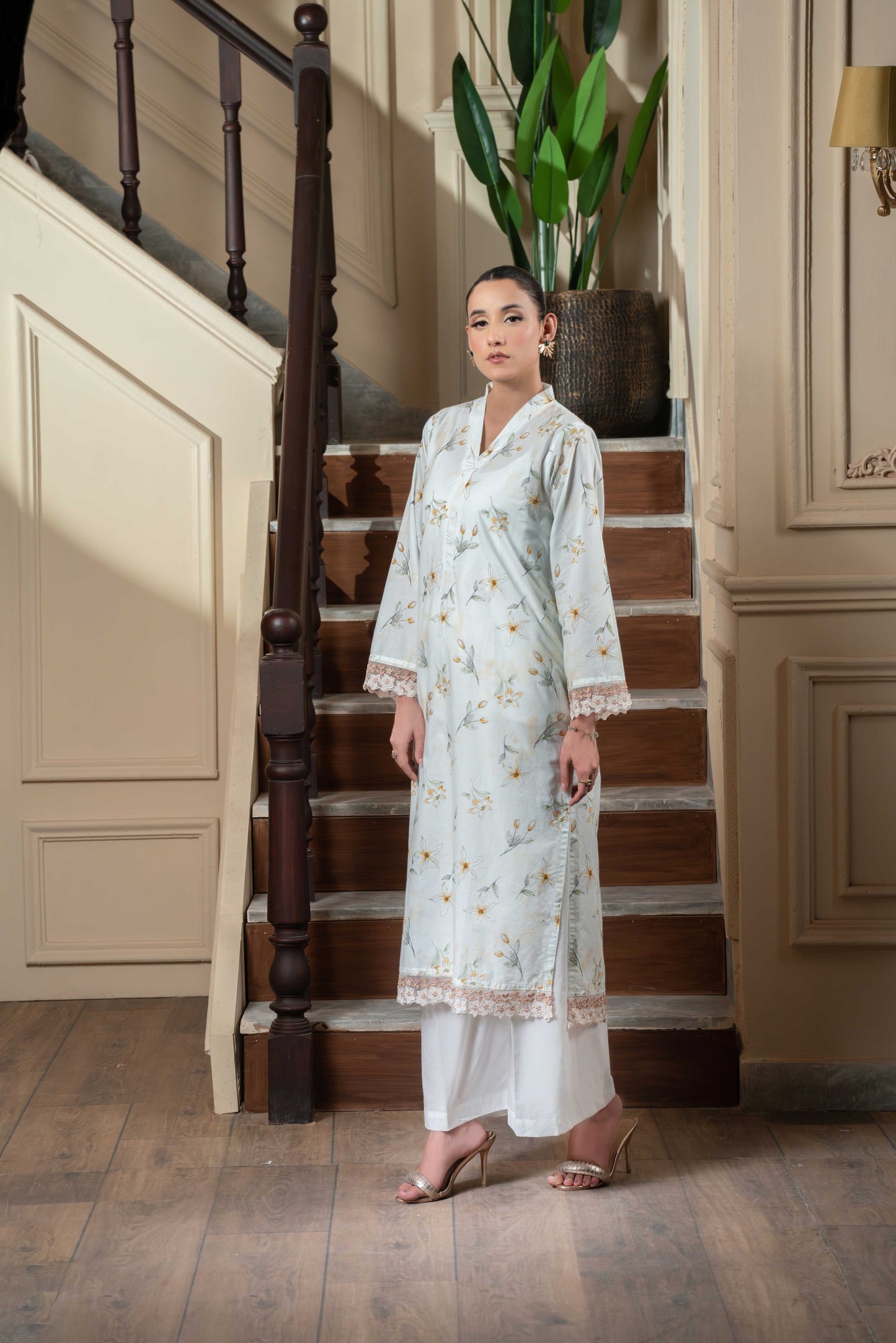 Stitched printed and embroidered long shirt+basic trouser