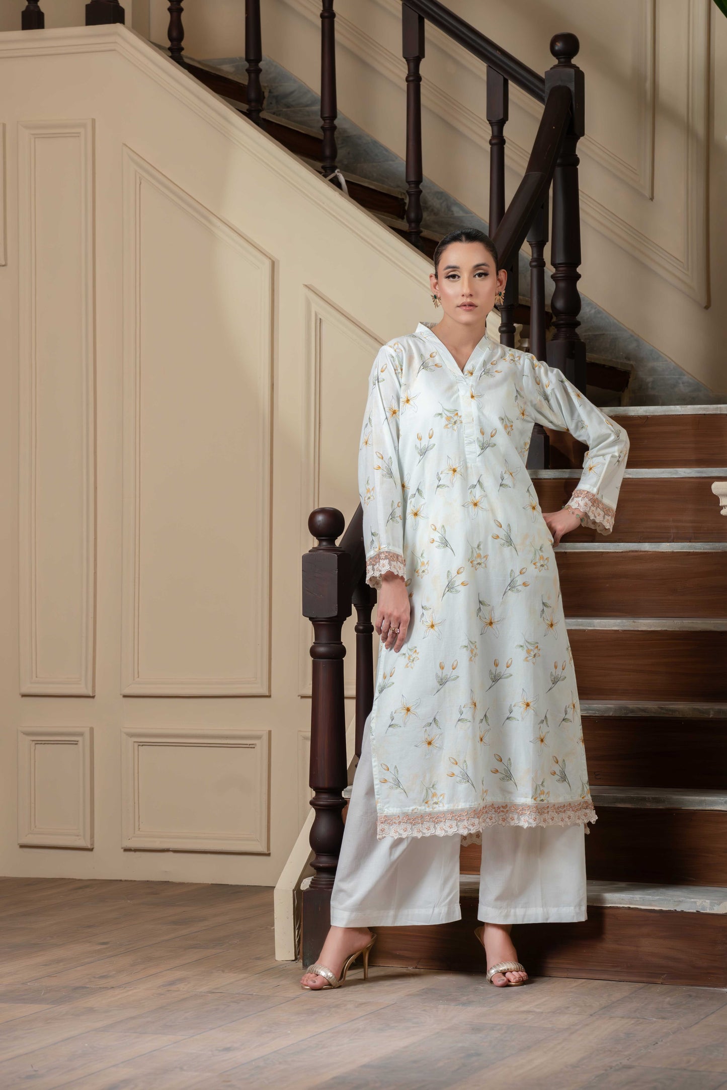 Stitched printed and embroidered long shirt+basic trouser