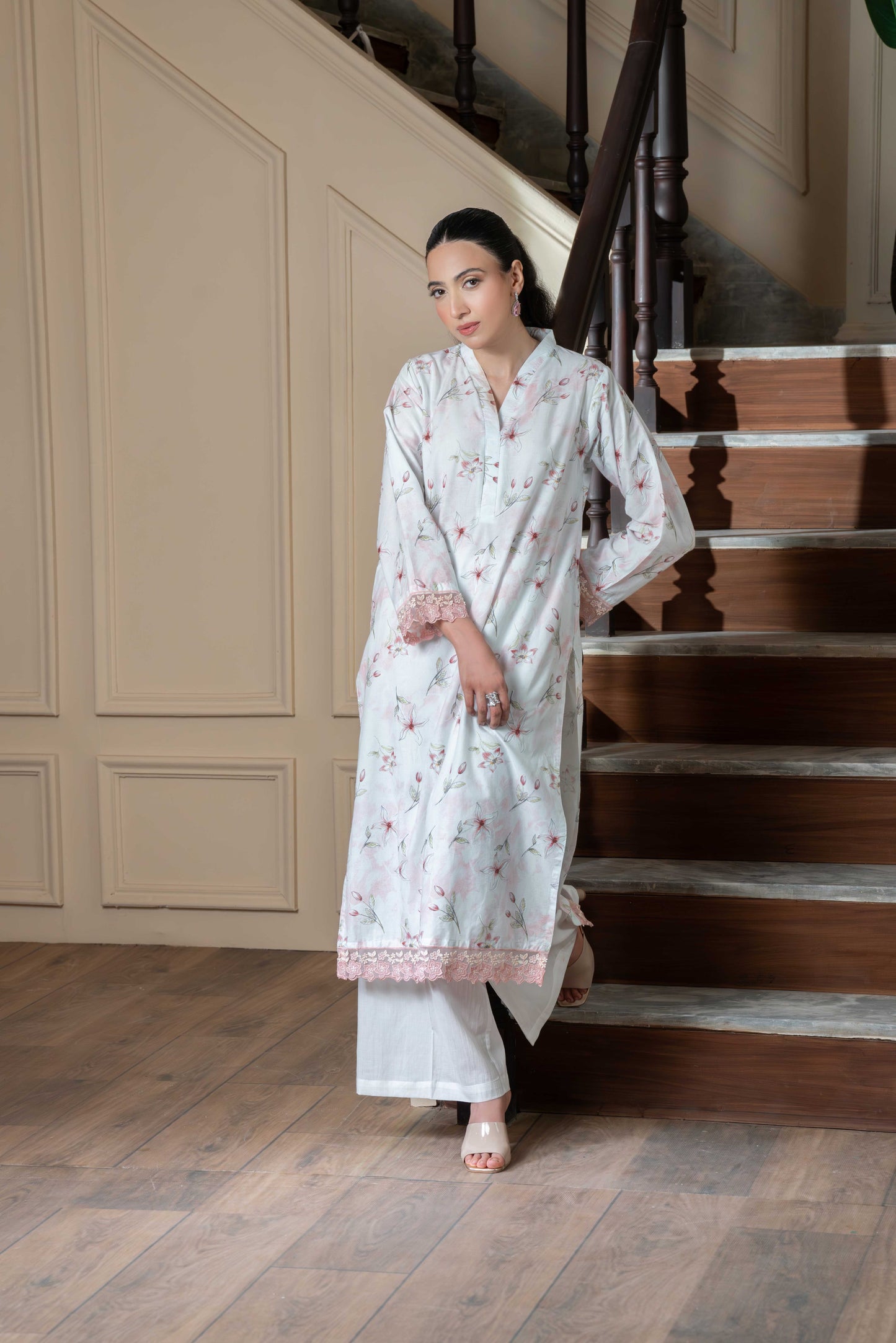 Stitched embroidered+printed long shirt and basic trouser