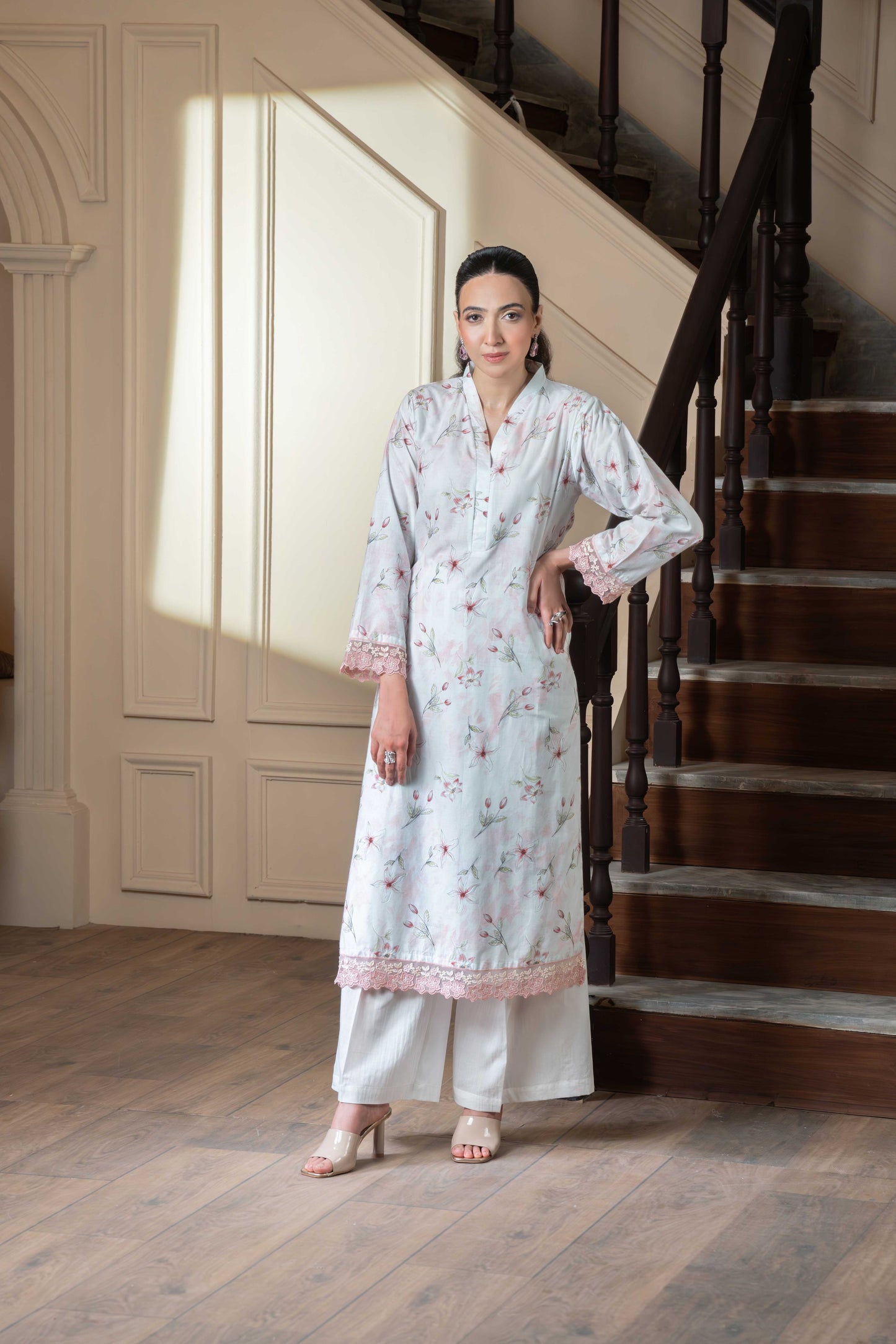 Stitched embroidered+printed long shirt and basic trouser