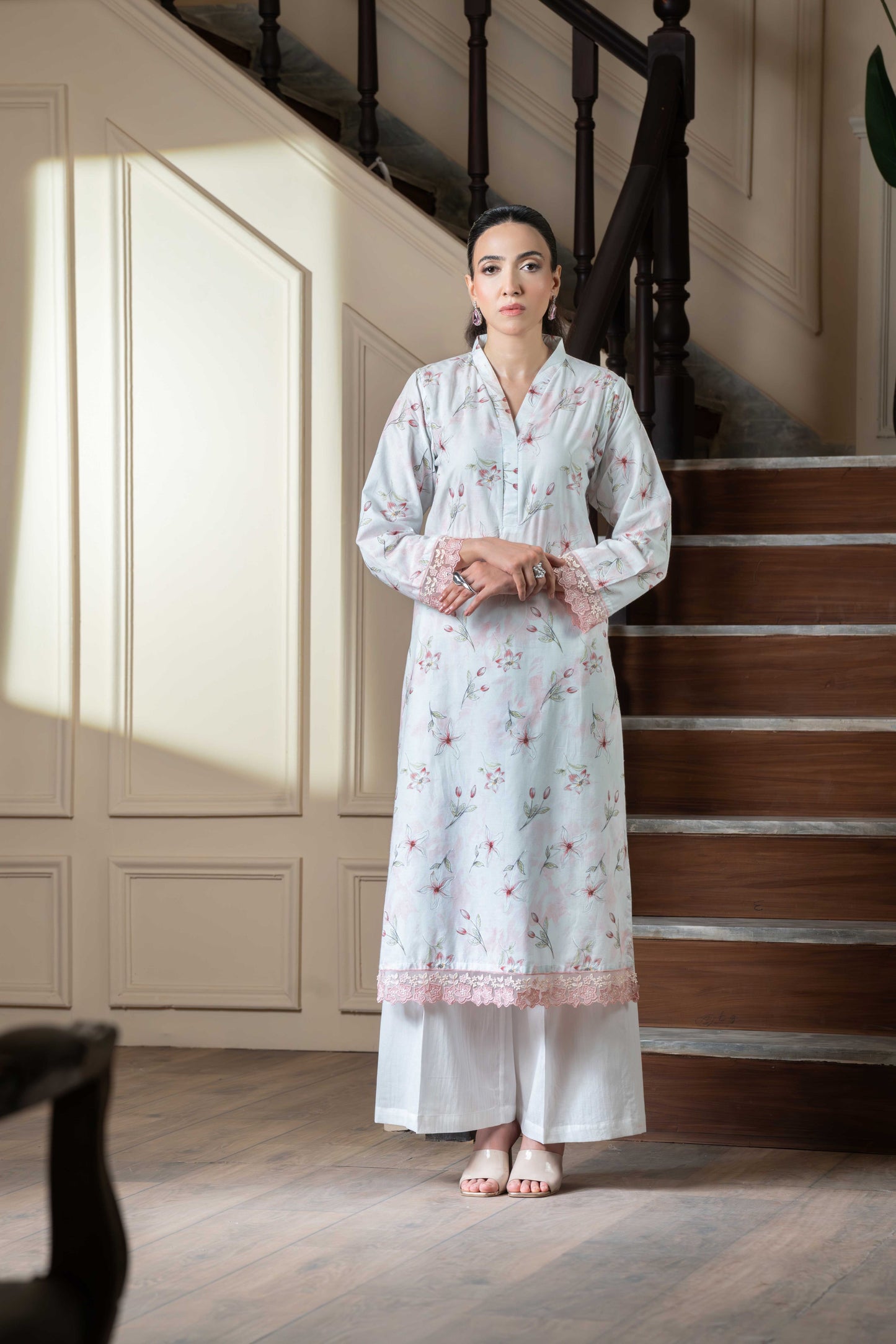 Stitched embroidered+printed long shirt and basic trouser