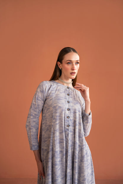 Central Front Slit Frock With Embellished Buttons And Capri 2pc