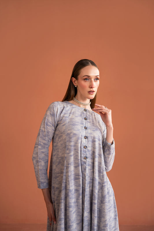 Central Front Slit Frock With Embellished Buttons And Capri 2pc