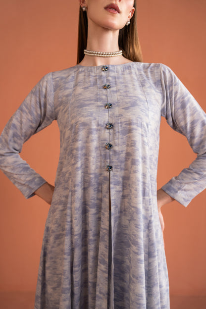 Central Front Slit Frock With Embellished Buttons And Capri 2pc