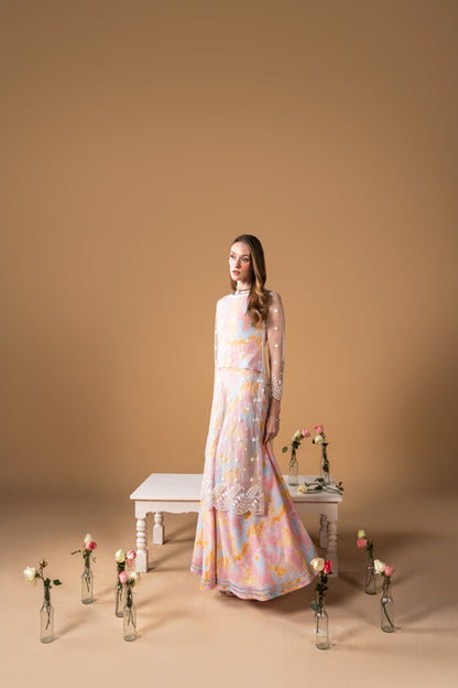 Printed Blouse And Skirt With Net Embroidered Shirt 3pc