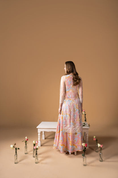 Printed Blouse And Skirt With Net Embroidered Shirt 3pc