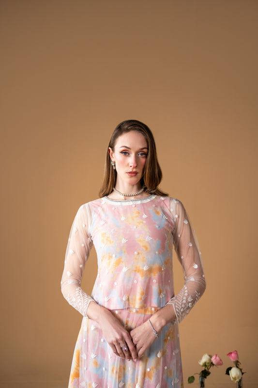 Printed Blouse And Skirt With Net Embroidered Shirt 3pc