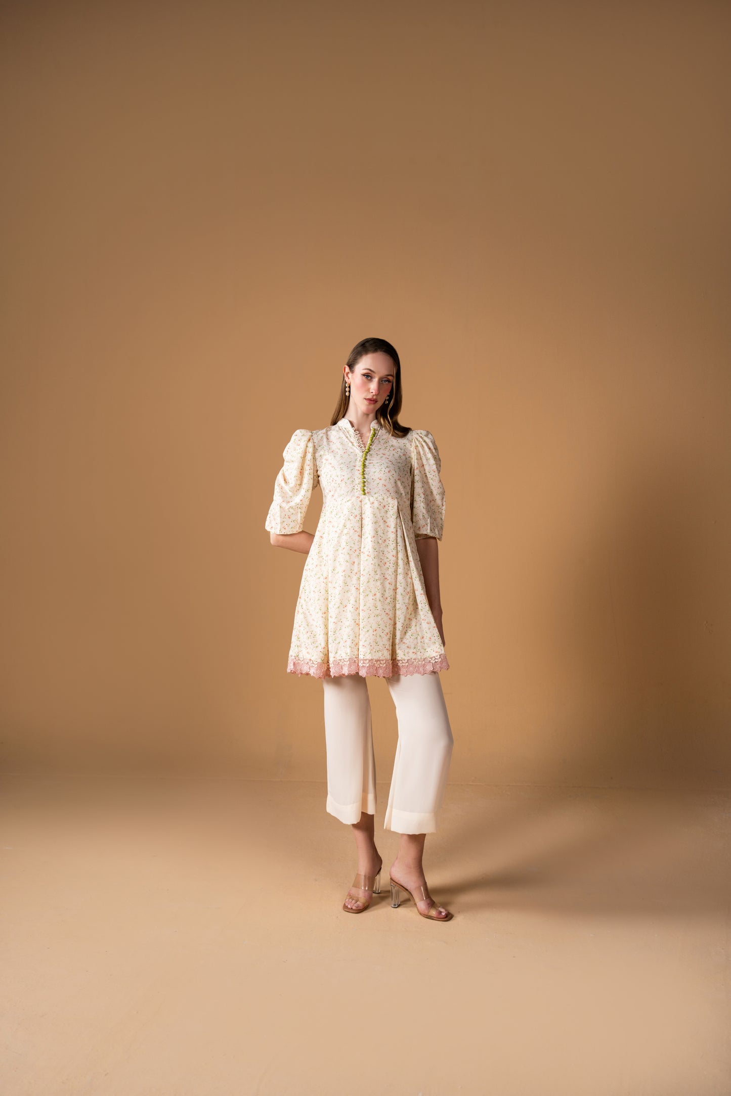 Knee Length Pleated Frock With Puff Sleeves And Bell Bottom Trouser 2pc