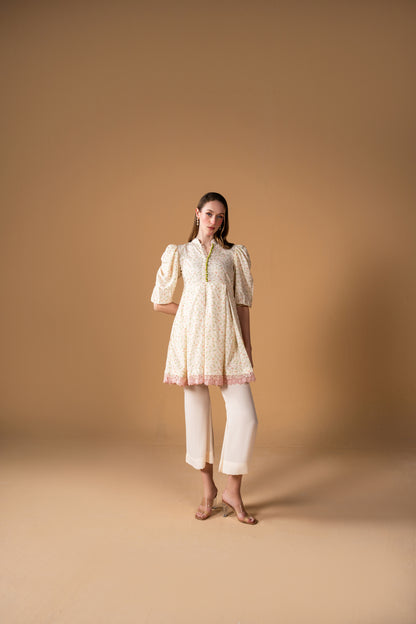 Knee Length Pleated Frock With Puff Sleeves And Bell Bottom Trouser 2pc