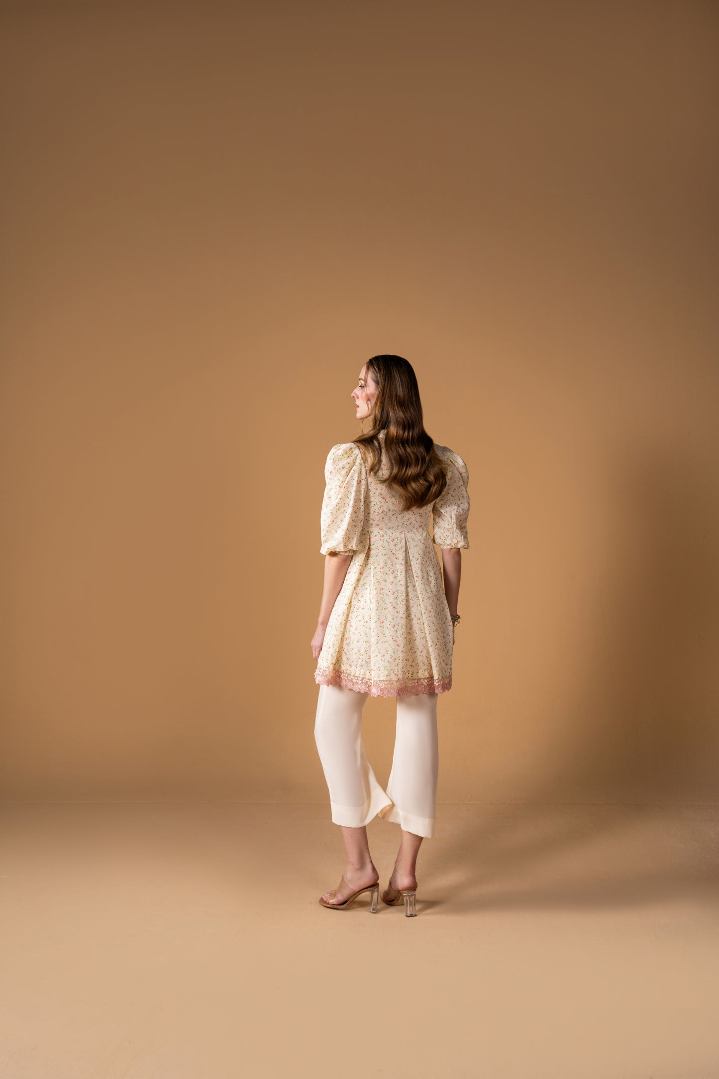 Knee Length Pleated Frock With Puff Sleeves And Bell Bottom Trouser 2pc