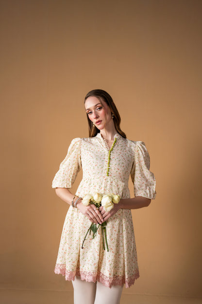 Knee Length Pleated Frock With Puff Sleeves And Bell Bottom Trouser 2pc