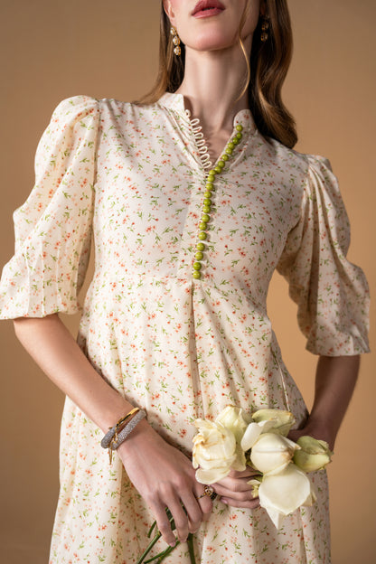 Knee Length Pleated Frock With Puff Sleeves And Bell Bottom Trouser 2pc