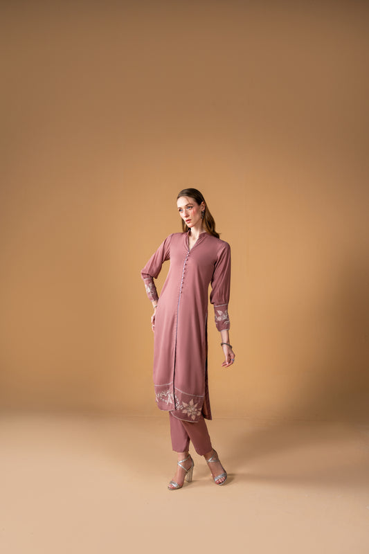 Embroidered Shirt With Central Font Slit With Buttons And Capri 2pc