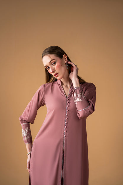 Embroidered Shirt With Central Font Slit With Buttons And Capri 2pc
