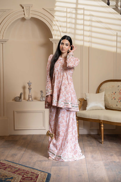 Stitched printed short frock+Shrara