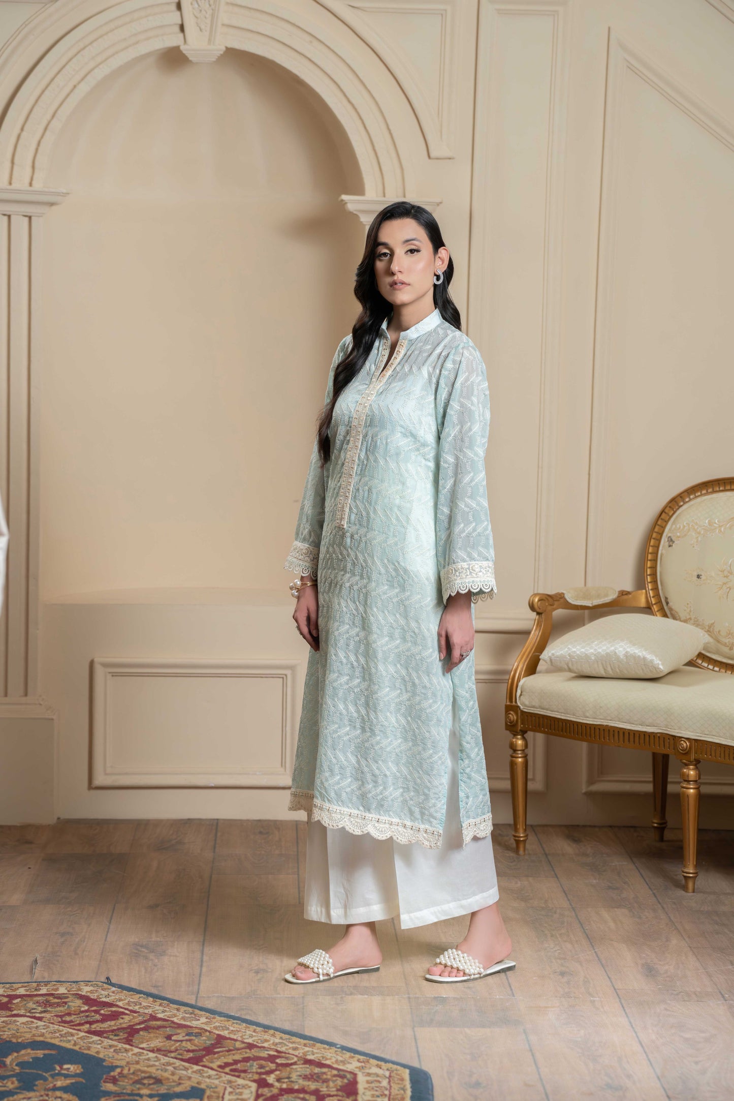 Stitched embroidered A-line shirt+basic trouser