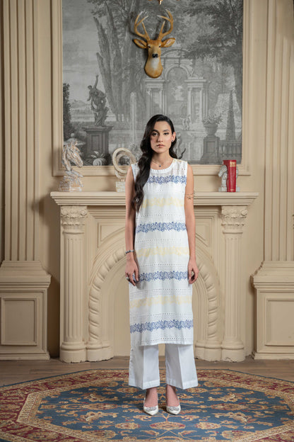Stitched embroidered  sleeveless kurta+basic trouser
