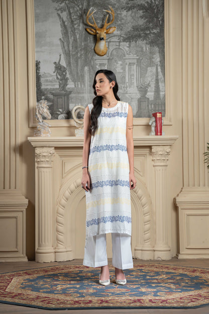 Stitched embroidered  sleeveless kurta+basic trouser