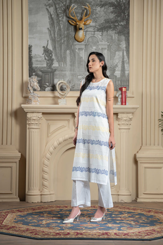 Stitched embroidered  sleeveless kurta+basic trouser
