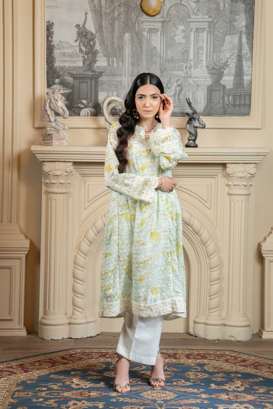 Stitched embroidered A-line frock+basic trouser